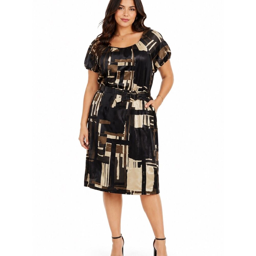 Apostrophe Black, Brown & Cream Abstract Belted Midi Dress Size 14